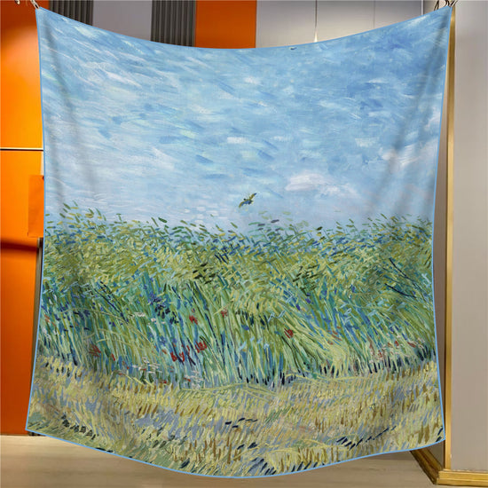 A Wheat Field with Larks Elegant Artistry Shawl - Large 130cm Square Scarf with Oil Painting Print & Hand-Rolled Hem