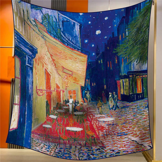 Coffee House Elegant Artistry Shawl - Large 130cm Square Scarf with Oil Painting Print & Hand-Rolled Hem