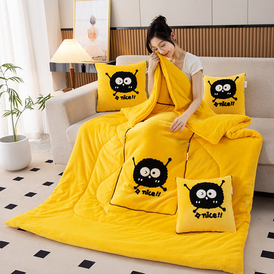 Yellow Padded and Thickened Elf 2-in-1 Foldable Car Pillow Blanket - Cozy 40x40cm Pillow, Unfolds to 100x150cm Blanket for Travel and Office Naps