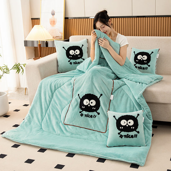 Water Green Padded and Thickened Elf 2-in-1 Foldable Car Pillow Blanket - Cozy 40x40cm Pillow, Unfolds to 100x150cm Blanket for Travel and Office Naps