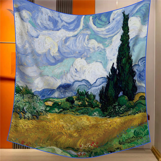 Wheatfield Elegant Artistry Shawl - Large 130cm Square Scarf with Oil Painting Print & Hand-Rolled Hem