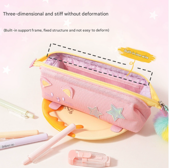 Green Cute Cat Pencil Case for Girls - Large Capacity Sparkly Stationery Pouch with Fluffy Pom Pom