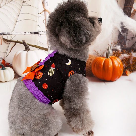 S Halloween Pumpkin Dog Harness Dress - Festive Costume Vest with Leash Ring for Small Dogs