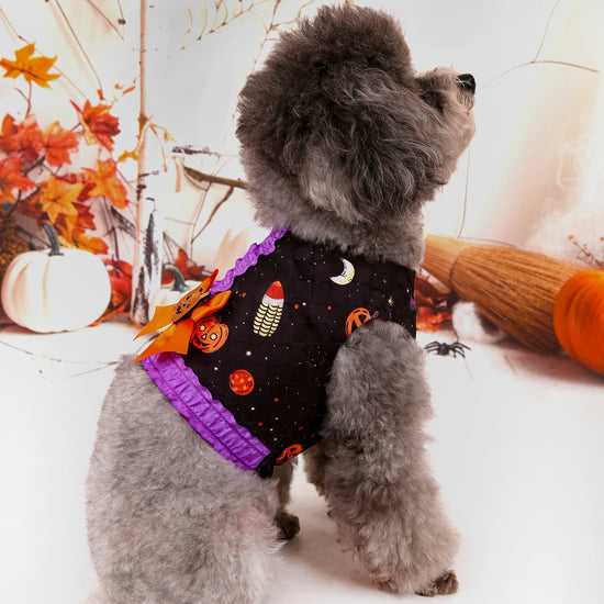 L Halloween Pumpkin Dog Harness Dress - Festive Costume Vest with Leash Ring for Small Dogs