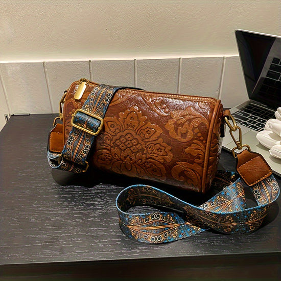 Brown Vintage Embossed Crossbody Barrel Bag with Wide Adjustable Guitar Strap