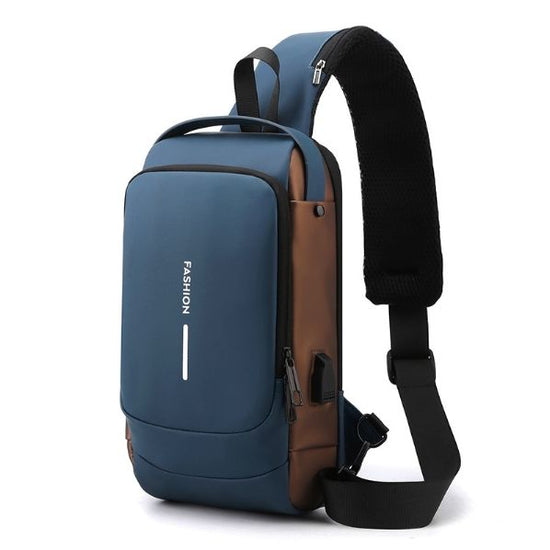 Blue Modern Anti-Theft Sling Bag for Men - Crossbody Backpack with USB Port & Combination Lock