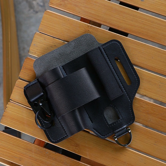 2-piece Black Outdoor EDC Tactical Tool Waist Bag - Multi-Functional Belt Storage Pouch with Flashlight, Copper Sleeve, and Survival Knife Holder