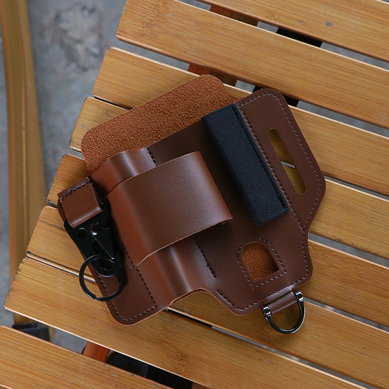 2-piece Brown Outdoor EDC Tactical Tool Waist Bag - Multi-Functional Belt Storage Pouch with Flashlight, Copper Sleeve, and Survival Knife Holder