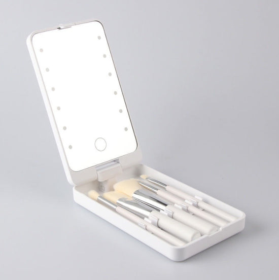 2-Piece White Portable LED Makeup Mirror with Brush - Foldable, Rotatable, and Rechargeable Travel Vanity Mirror