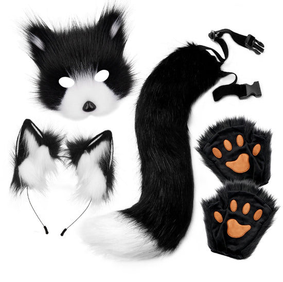 Black and white Halloween Furry Fox Costume Set - Plush Mask, Ears Headband, Tail, and Paws for Cosplay