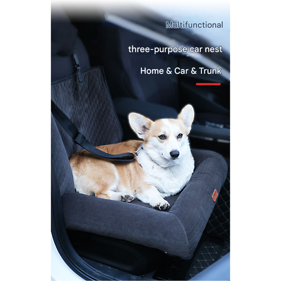 Grey Plush Dog Car Booster Seat - 2-in-1 Travel Bed for Small Dogs with Washable Cover