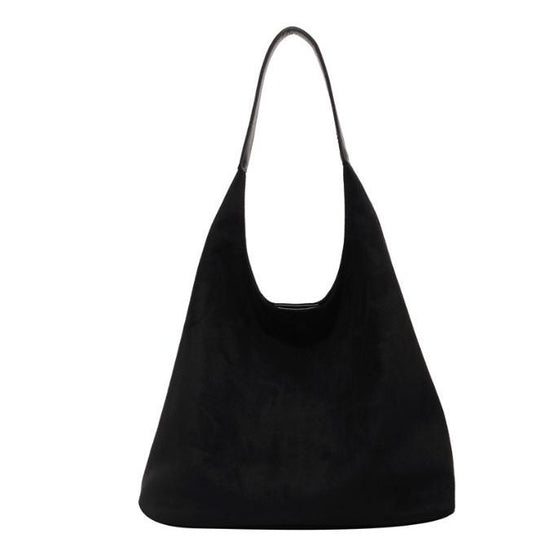 Black Chic Faux Suede Tote Bag with Matching Pouch | Large Capacity Slouchy Shoulder Bag