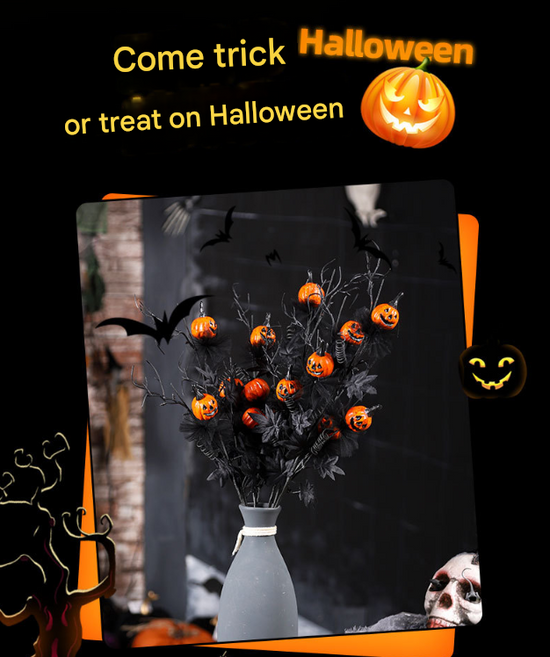 Halloween Black Twig & Pumpkin Stems (2-Pack) - Artificial Floral Picks for Spooky Arrangements