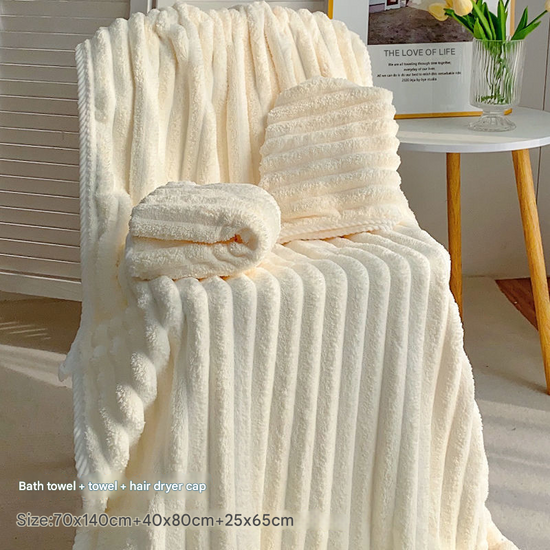 White Plush Ribbed Coral Fleece 3-Piece Towel Set - Ultra Soft & Absorbent Bath, Hand Towel and Hair Wrap