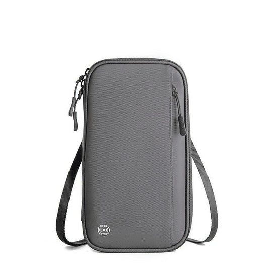 Grey RFID Blocking Travel Wallet - Multi-functional Large Capacity Passport Holder & Card Organizer with Adjustable Strap for Men & Women