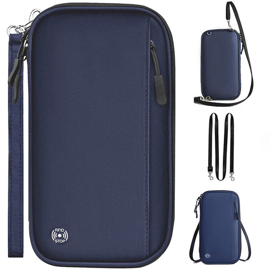 Dark blue RFID Blocking Travel Wallet - Multi-functional Large Capacity Passport Holder & Card Organizer with Adjustable Strap for Men & Women