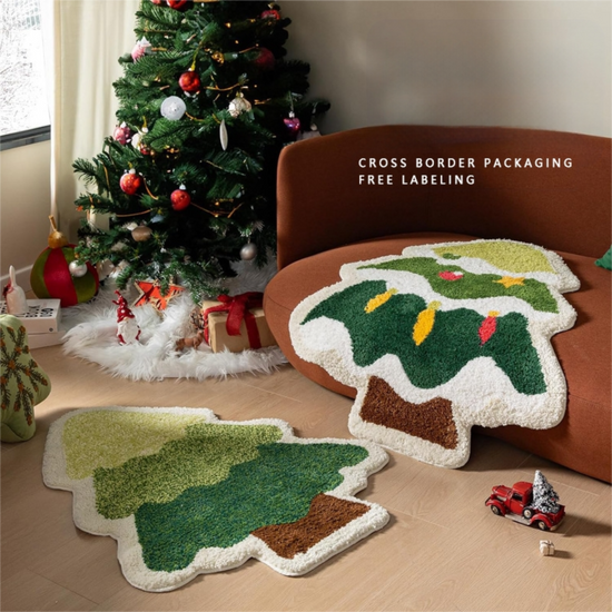 Green Christmas tree style Festive Christmas Shaped Floor Mat - Plush Non-Slip Holiday Accent Rug(Style 3)