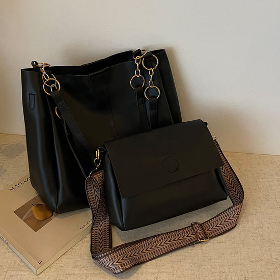 Black Chic 2-Piece Tote Bag Set - Large Capacity Commuter Handbag with Wide Strap Crossbody Purse