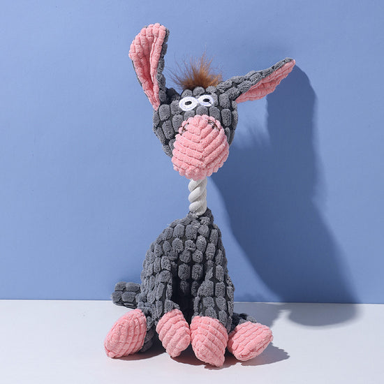 Grey donkey Cuddly Corduroy Squeaky Animal Toy - Interactive Plush Chew for Dogs