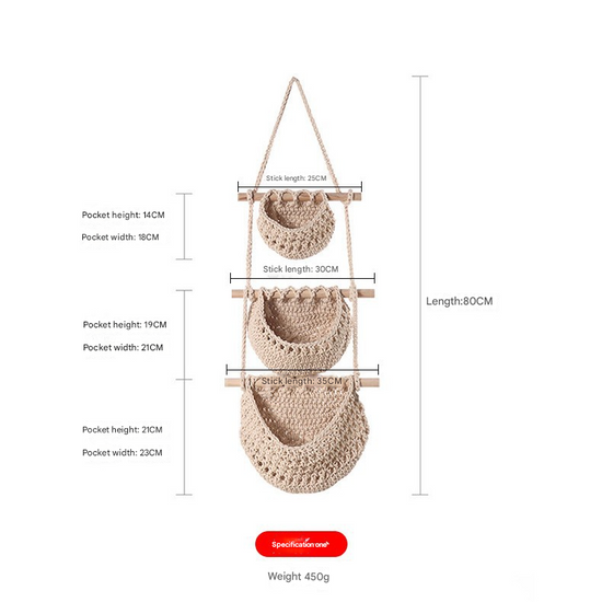 Three-layer cotton rope style Bohemian Hanging Fruit Basket – Wall-Mounted Woven Storage Net Pocket for Kitchen & Home Decor