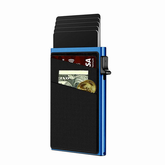 Blue Ultra-Slim RFID Blocking Pop-Up Wallet - Automatic Card Holder with Metal Case & Secure Screw Base
