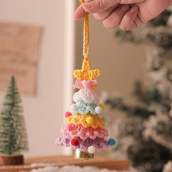 2 Pcs Handmade Crochet Christmas Tree Ornament - Plush Knitted Decoration with Bell - Ideal for Home, Car & Holiday Decor(Style E)