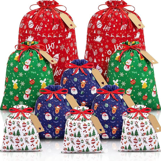 Black and white checkered Christmas Gift Drawstring Bags Set - Festive Burlap Style Pouches for Candy & Apples - Holiday Decoration - 10 Pcs