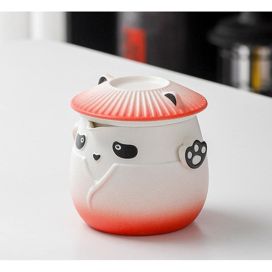 Adorable Panda Design Ceramic Tea Infuser Mug Set - 310ml Travel Crackle Glaze Cup with Lid & Strainer(red)