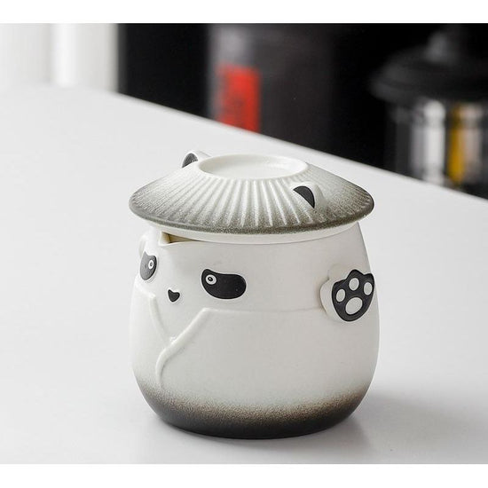 Adorable Panda Design Ceramic Tea Infuser Mug Set - 310ml Travel Crackle Glaze Cup with Lid & Strainer(black)