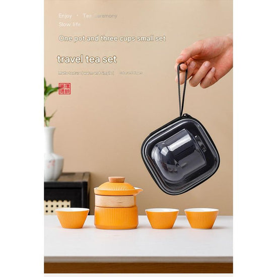 Portable Ceramic Travel Tea Set - One Pot Three Cups with Carrying Case, Elegant Frosted Finish(black)