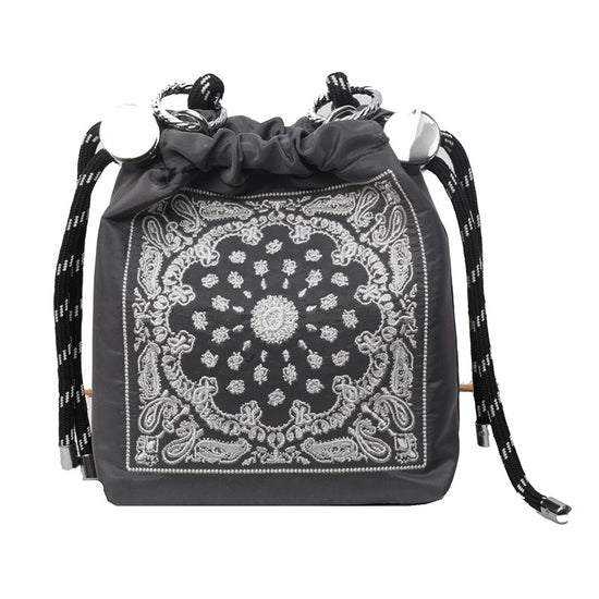 Chic Drawstring Bucket Bag with Intricate Print - Adjustable Rope Strap, Lightweight Fabric(Gray)