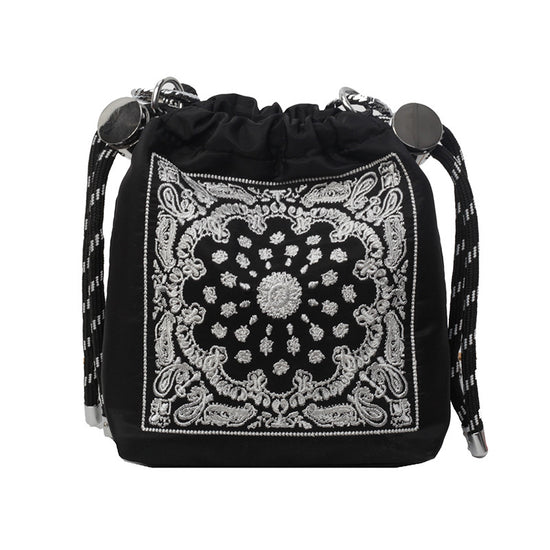 Chic Drawstring Bucket Bag with Intricate Print - Adjustable Rope Strap, Lightweight Fabric(Black)