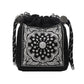 Chic Drawstring Bucket Bag with Intricate Print - Adjustable Rope Strap, Lightweight Fabric(Black)
