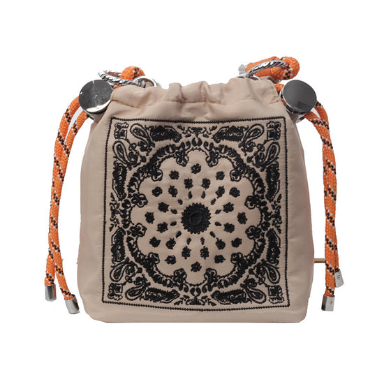Chic Drawstring Bucket Bag with Intricate Print - Adjustable Rope Strap, Lightweight Fabric(Khaki)