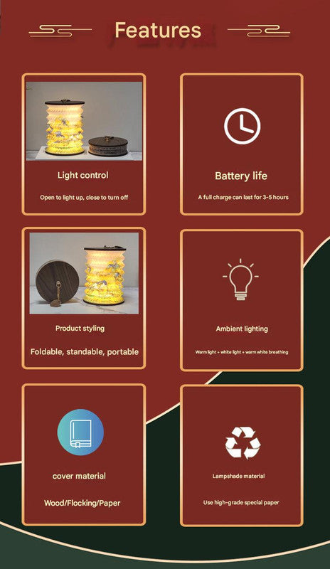Foldable Telescopic Lantern Lamp - 3 Light Modes, USB Rechargeable, Wood/Paper Finish(Lotus Painting)