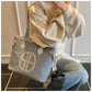 Stylish Large Capacity Tote Bag with PU Leather Trim & Logo Detail(Blue and Brown)