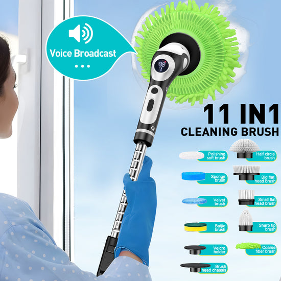 Multi-Functional Electric Spin Scrubber with Voice Broadcast, 9 Heads, Adjustable Extension Handle & LED Display(Black and White)
