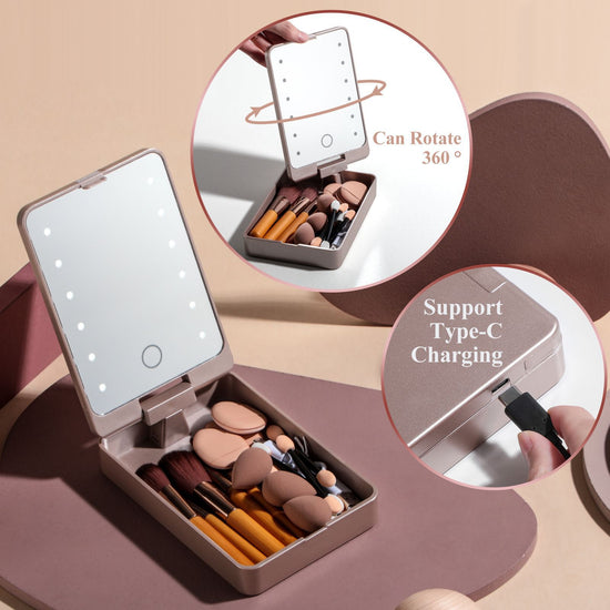 All-in-One Portable Makeup Brush Kit with LED Mirror Travel Case, Sponges & Applicators(pink)