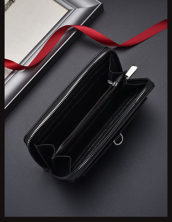 Black Classic Long Zipper Wallet Clutch - Large Capacity PU Leather Phone & Card Holder with Wrist Strap