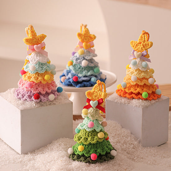 2 Pcs Style A Yellow and Pink Handmade Crochet Christmas Tree Ornament - Festive Hanging Decoration with Jingle Bell