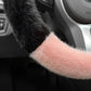 Pink Stitching Black Plush Cat Ear Steering Wheel Cover - Cute & Fuzzy Winter Grip, Universal 38cm Fit