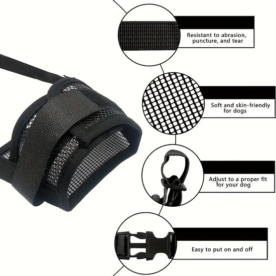 3 Pcs Size M Black Breathable Mesh Dog Muzzle - Soft & Comfortable Guard to Prevent Biting, Allows Panting and Drinking