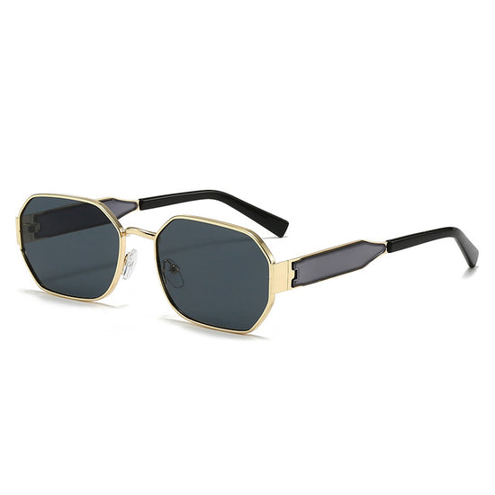 Gold Frame and Black Grey Lenses Modern Retro Geometric Sunglasses - Chic Metal Frame with UV400 Lenses and Black PU Leather Protective Case