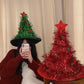 Red Sparkly Tinsel Christmas Tree Hat - Festive Holiday Party Headwear for Adults & Kids