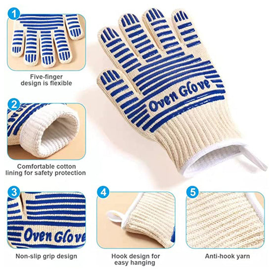 Blue and White Extreme Heat Resistant BBQ Gloves - Cut-Resistant Oven Mitts with Non-Slip Silicone Grip