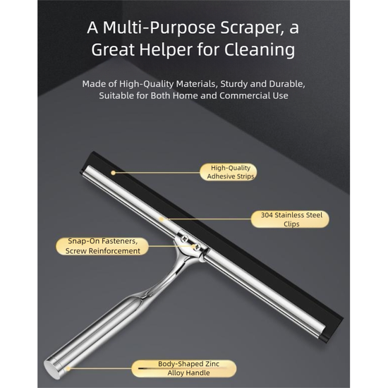 Silver Premium Stainless Steel Shower Squeegee with Adhesive Hook Holder - Streak-Free Blade for Glass Doors, Windows & Mirrors