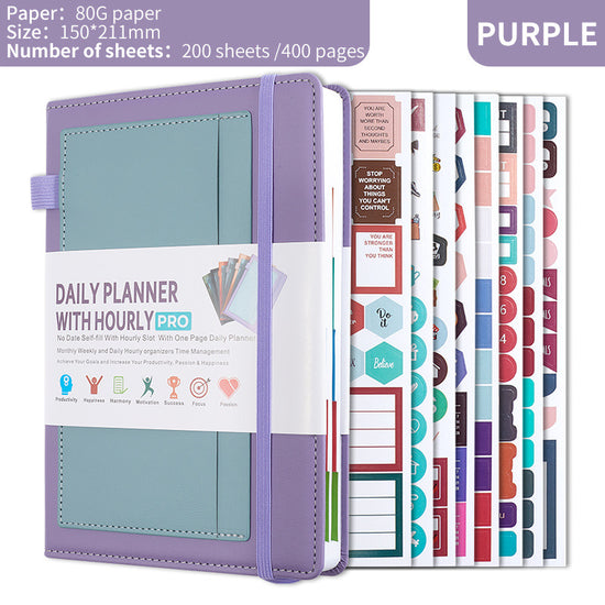 Purple A5 PU Leather Agenda for Productivity & Time Management-Undated Daily & Hourly Planner Pro