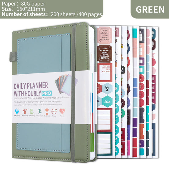 Green A5 PU Leather Agenda for Productivity & Time Management-Undated Daily & Hourly Planner Pro
