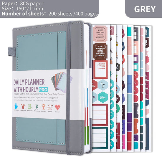 Grey A5 PU Leather Agenda for Productivity & Time Management-Undated Daily & Hourly Planner Pro
