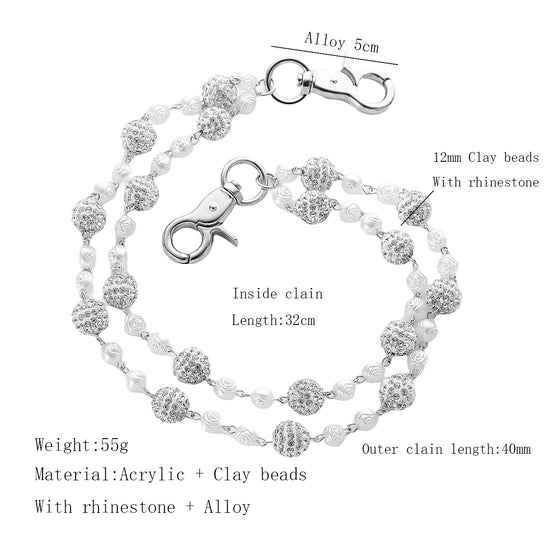 Silver and White Bling Rhinestone Beaded Wallet Chain - Double Layer Hip Hop Trouser Chain Jean Accessory(55g）